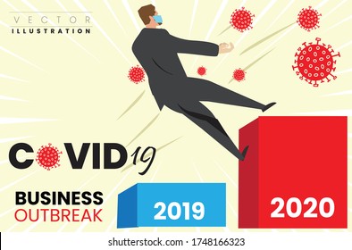 COVID-19 Coronavirus Ausbruch Finanzkrise in Unternehmen und Unternehmen. Geschäftsmann, der von COVID-19 in wirtschaftlichen Zusammenbruch geriet. Falling Business Concept 