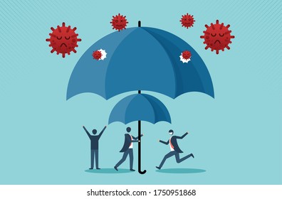 COVID-19 or Coronavirus outbreak financial crisis help policy, company and business to survive concept, businessman leader stand safe by cover himself with big umbrella. vector cartoon design.