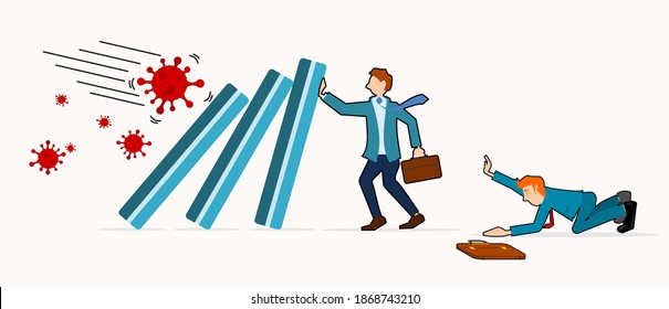 COVID-19 Coronavirus outbreak financial crisis help policy, company and business to survive concept, businessman leader help pushing bar graph falling in economic collapse from COVID-19 virus pathogen