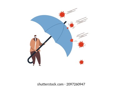 COVID-19 Coronavirus outbreak financial crisis help policy, company and business to survive concept, by cover himself with big umbrella from COVID-19 Coronavirus pathogen. Vector illustration.