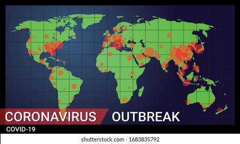 Covid-19 Coronavirus outbreak illustrated with red circle indicate the severity on a world map with news screen style