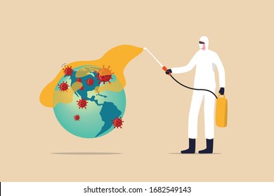 COVID-19 Coronavirus outbreak spreading crisis in the US United States concept, medical worker with full protective gear disinfecting planet earth with America map on it with COVID-19 virus pathogen