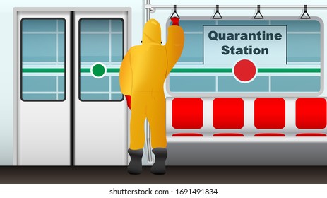 COVID-19 Coronavirus Herd Vektorillustration Illustration Man in Schutzanzug Reisen mit U-Bahn-Wagen, die an der Quarantänestation halten Dangerous Virus Disease Isolation Urban Transport Konzept