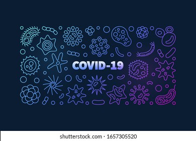 COVID-19 Banner horizontal de contorno coronavirus de color vectorial sobre fondo oscuro
