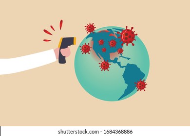 COVID-19 Coronavirus pandemic crisis in America, bad situation high cases and death in the US concept, hand holding infrared thermometer got high heat temperature on USA map on planet earth.