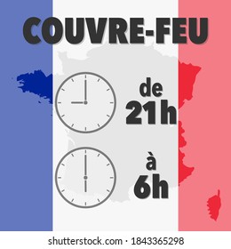 toque de queda pandémico de cóvid-19 coronavirus de 21h a 6h, de 9pm a 6am, en ilustración vectorial en francés