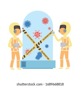 COVID-19 coronavirus pandemic, doctors with protective suits quarantine tube, vector illustration