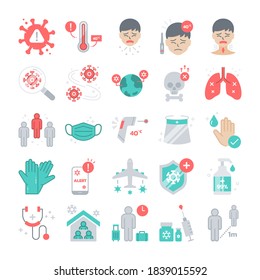 Covid-19 or Coronavirus Pandemic Flat Icon Set for Infographic or Content that relate to Coronavirus, Symptoms, Prevention, Infection and more, Vector and Illustration.