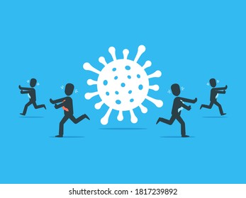 COVID-19 Coronavirus pandemic impact on business crisis concept with business people running away from giant virus vector illustration