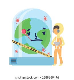 COVID-19 coronavirus pandemic, physician with protective suit and sick world with thermometer in quarantine, vector illustration