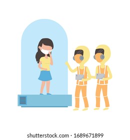 COVID-19 coronavirus pandemic, physicians with woman with mask in quarantine vector illustration
