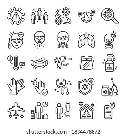 Covid-19 or Coronavirus Pandemic Thin line Icon Set for Infographic or Content that relate to Coronavirus, Symptoms, Prevention, Infection and more, Vector and Illustration.