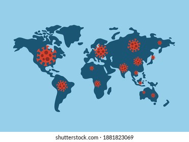 Covid19 coronavirus pandemic world map in flat design. Global coronavirus attack concept.