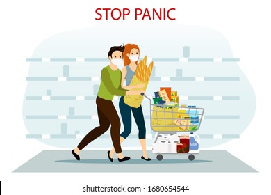 COVID-19 Or Coronavirus Panic Buying. Couple Running With Full Cart In Supermarket. Stop Panic