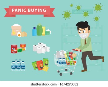 COVID-19 Or Coronavirus Panic Buying. Man Running With Full Cart In Supermarket. Instant Noodle, Tissue Rolls, Rice, Eggs, Personal Products And Water.