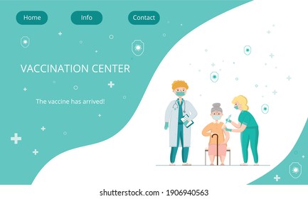 Covid-19, coronavirus people vaccination landing page. Elderly man got a vaccine from a doctor, nurse. Vector stock illustration for web template medical center, clinic, hospital.