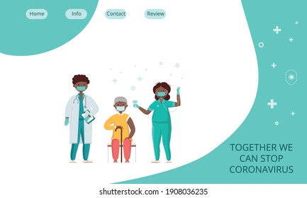 Covid-19, coronavirus people vaccination landing page. Elderly man got a vaccine from a doctor, nurse. Vector stock illustration for web template medical center, clinic, hospital.