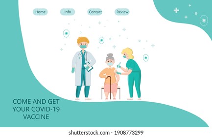 Covid-19, coronavirus people vaccination landing page. Elderly woman got a vaccine from a doctor, nurse. Vector stock illustration for web template medical center, clinic, hospital.