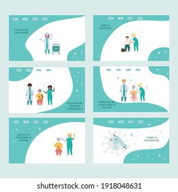 Covid-19, coronavirus people vaccination landing page. Elderly man, woman, businessman got a vaccine from a doctor, nurse. Vector stock illustration for web template medical center, clinic, hospital.