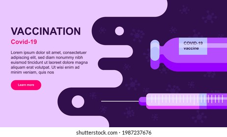 Covid-19, coronavirus people vaccination landing page. Covid-19 corona virus vaccination with vaccine bottle and syringe injection tool for covid19 immunization treatment. Vector illustration.