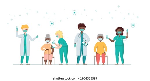 Covid-19, coronavirus people vaccination poster. Elderly man, woman got a vaccine from a doctor, nurse. Vector stock illustration isolated on white background for banner, web template. EPS10