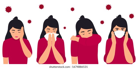 COVID-19. Coronavirus prevention and symptoms. Headache. The girl puts on a protective mask, sneezes on the elbow, in a napkin.