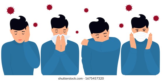 COVID-19. Coronavirus prevention and symptoms. Headache. The man puts on a protective mask, sneezes on the elbow, in a napkin.