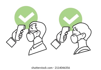 Covid19 coronavirus preventive measure line icons vector set. Body temperature check on old man and old woman wearing ffp2 masks. Hand holding non-contact infrared thermometer in front of forehead.