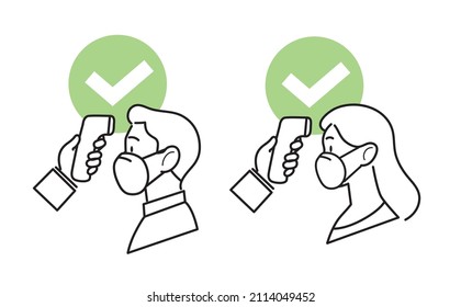 Covid19 coronavirus preventive measure line icons vector set. Body temperature check control. Hand holding non-contact infrared thermometer in front of a man and woman forehead wearing ffp2 kn95 mask.