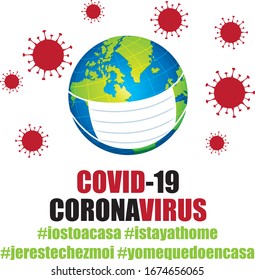 Covid-19 Coronavirus protection mask. Global pandemic prevention. Hashtags i stay at home in different languages. Vector illustration. 