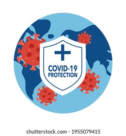 Covid19 Coronavirus-Schutzschild mit Viruszellen auf dem Weltplaneten in flachem Design. Beenden Sie den Ausbruch der Covid19-Pandemie.