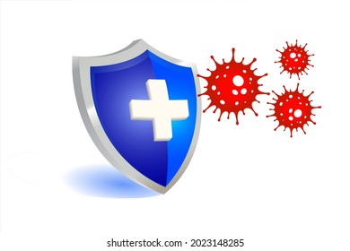 
Covid19 coronavirus protection shield with virus cells concept design.  Immune system medical isolated on white background vector illustration.