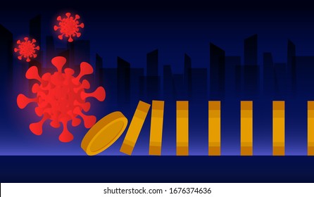 COVID-19 CoronaVirus Push Coin Or Finace Domino Effect Impact On Global Business And SME Or Startup Economy Crisis And Stock Markets Down And Falling.