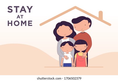 Covid-19 coronavirus quarantine campaign flat design. Cartoon family 
 stay at home vector illustration. Stop coronavirus, keep calm & stay safe! Movement control.