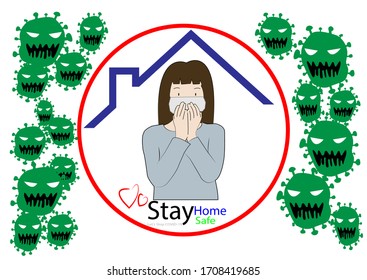 Covid-19 coronavirus quarantine campaign flat design. Cartoon girl wearing medical face mask stay at home vector illustration. Stop coronavirus, keep calm & stay safe! 