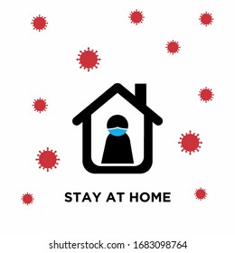 Covid-19 coronavirus quarantine campaign of stay at home flat design. Cartoon stick figure man wearing medical face mask stay home pictogram