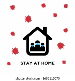Covid-19 coronavirus quarantine campaign of stay at home flat design. Cartoon stick figure family wearing medical face mask stay home pictogram