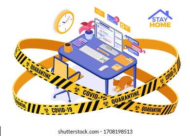 Covid-19 Coronavirus Quarantine Stay Home. Isometric Work From Home Office With Cat Inside Warning Barrier Tape. Developing Program. Computer Table Chair And Desktop Pc. Isolated Vector Illustration