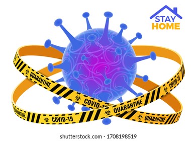 covid-19 coronavirus quarantine stay home. warning barrier tape with virus strain and biological hazard sign. quarantine from pandemic covid-19 coronavirus outbreak. isolated vector illustration
