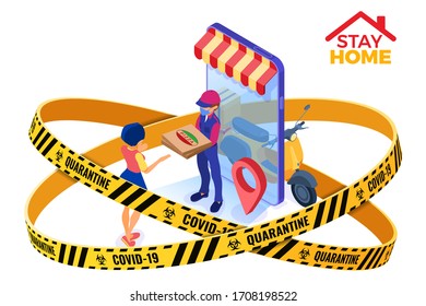covid-19 coronavirus quarantine stay home. online food order and package delivery service food shipping isometric courier in mask warning barrier tape protection covid-19 with pizza and scooter
