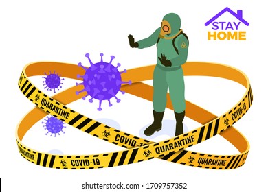 covid-19 Coronavirus quarantine stay home. Doctor in chemical protective clothing coverall and gas masks stop coronavirus. quarantine from pandemic covid-19 outbreak. isolated isometric vector