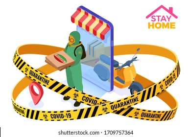covid-19 coronavirus quarantine stay home. secure online food order and package delivery service warning barrier tape pandemic covid-19 courier in protective clothing coverall and gas masks with pizza