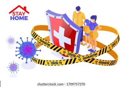 covid-19 coronavirus quarantine stay home with shield protect family in masks inside warning barrier tape. pandemic covid-19 coronavirus outbreak. isometric isolated vector illustration