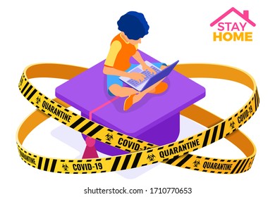 covid-19 coronavirus quarantine stay home. Online education or distance exam with isometric character internet course warning barrier tape e-learning from home girl studying on laptop isometric vector