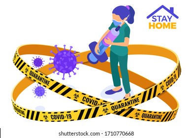 covid-19 Coronavirus quarantine stay home nurse in mask with syringe and vaccine stop coronavirus. quarantine from pandemic covid-19 outbreak. isolated isometric vector illustration