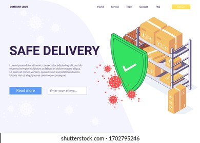 Covid-19 coronavirus safety service fast delivery transportation box package goods food parcel cargo vector illustration. Boxes packages parcels safe logistic express shipping web template design