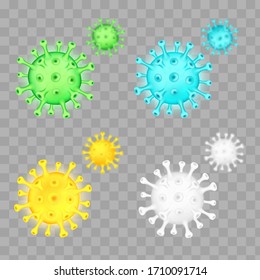 Covid-19 coronavirus set under the microscope on a transparent background. Vector 3d illustration. Pandemic, disease. Floating pathogen respiratory influenza covid virus cells.