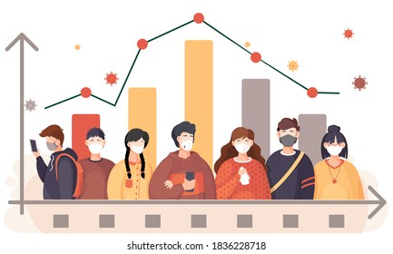 Covid-19 or coronavirus spread of infection concept with diverse people wearing a surgical face masks and respirators. Image of students in quarantine saving from illness and virus change graph