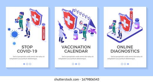 Covid-19 coronavirus stop banners doctor and nurse with syringe shield protect vaccine quarantine pandemic covid-19 coronavirus vaccination calendar online virus diagnosis isometric vector