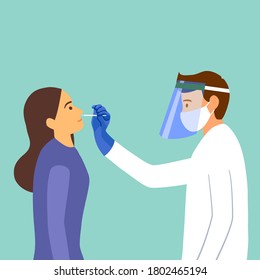 Covid-19 coronavirus testing carried out by a medical professional staff, doctor or nurse. Patient receiving a coronavirus test. DNA test by nose swap probe at hospital in flat design vector.